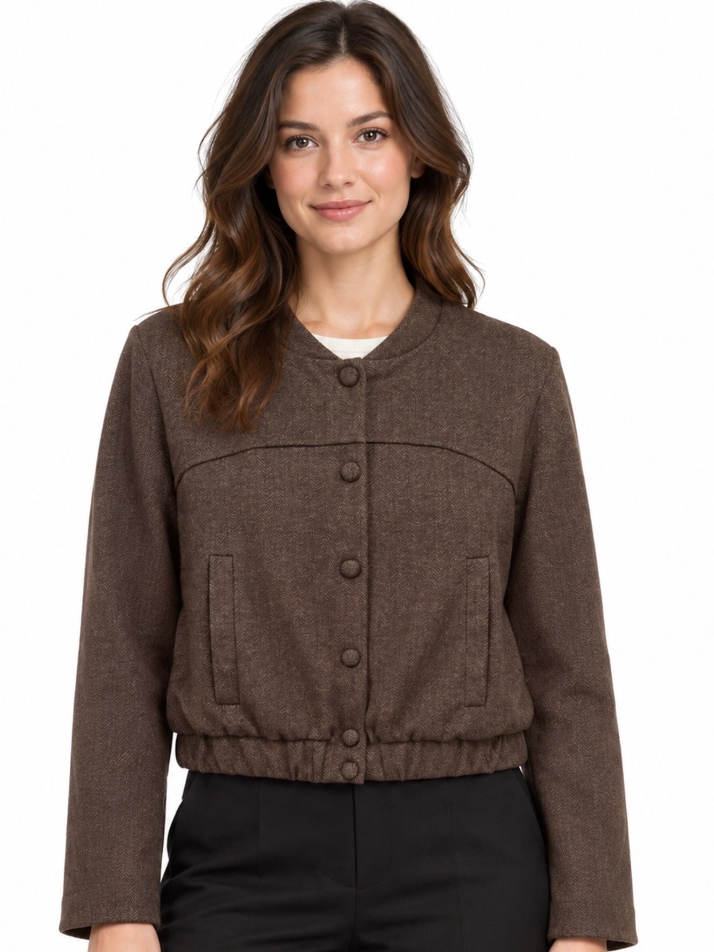 Autres Filles Brown Bomber Jacket Snaps Pockets Preppy Neutral Sz L